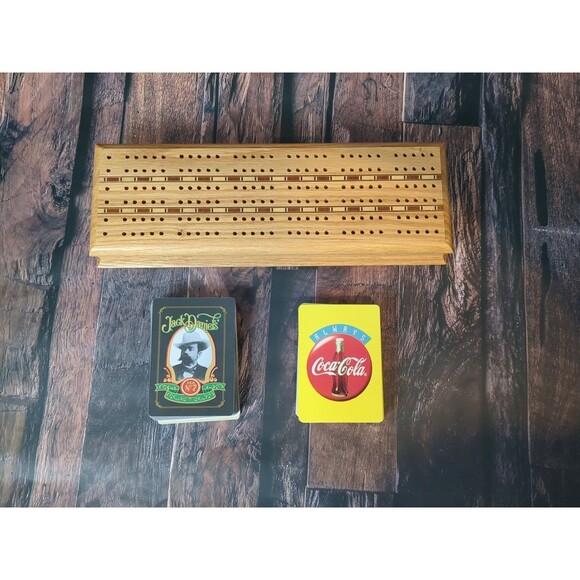 Jack Daniel's Coke Cribbage Board Wood Hinged Lid 3 Track Cards Complete EUC - Picture 4 of 8